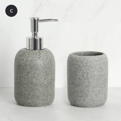 Contemporary Design Bathroom Accessories Liquid Soap Dispenser Toothbrush Holder Hand SoapTray Tumbler Luxury Washroom Set in Granite Gray and Yellow Sand
