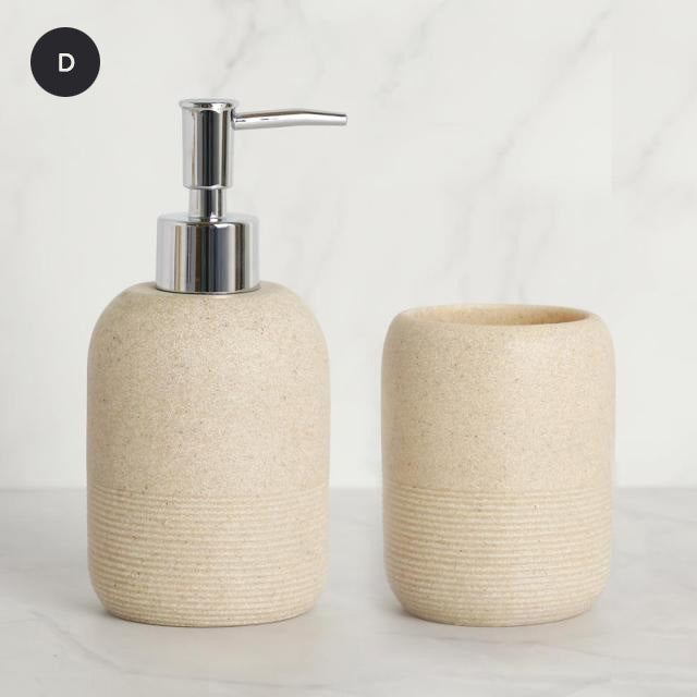 Contemporary Design Bathroom Accessories Liquid Soap Dispenser Toothbrush Holder Hand SoapTray Tumbler Luxury Washroom Set in Granite Gray and Yellow Sand