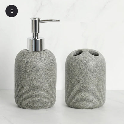 Contemporary Design Bathroom Accessories Liquid Soap Dispenser Toothbrush Holder Hand SoapTray Tumbler Luxury Washroom Set in Granite Gray and Yellow Sand