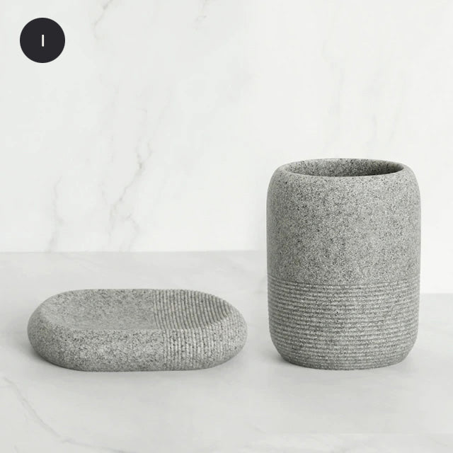 Contemporary Design Bathroom Accessories Liquid Soap Dispenser Toothbrush Holder Hand SoapTray Tumbler Luxury Washroom Set in Granite Gray and Yellow Sand