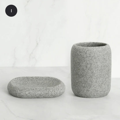 Contemporary Design Bathroom Accessories Liquid Soap Dispenser Toothbrush Holder Hand SoapTray Tumbler Luxury Washroom Set in Granite Gray and Yellow Sand
