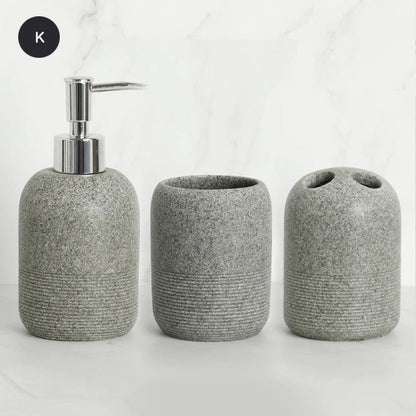 Contemporary Design Bathroom Accessories Liquid Soap Dispenser Toothbrush Holder Hand SoapTray Tumbler Luxury Washroom Set in Granite Gray and Yellow Sand
