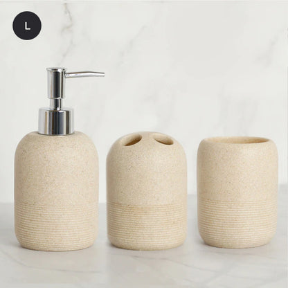 Contemporary Design Bathroom Accessories Liquid Soap Dispenser Toothbrush Holder Hand SoapTray Tumbler Luxury Washroom Set in Granite Gray and Yellow Sand