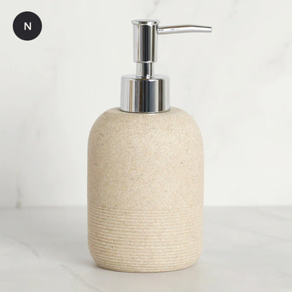 Contemporary Design Bathroom Accessories Liquid Soap Dispenser Toothbrush Holder Hand SoapTray Tumbler Luxury Washroom Set in Granite Gray and Yellow Sand