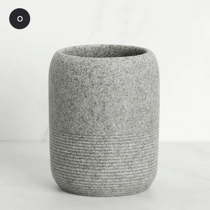 Contemporary Design Bathroom Accessories Liquid Soap Dispenser Toothbrush Holder Hand SoapTray Tumbler Luxury Washroom Set in Granite Gray and Yellow Sand