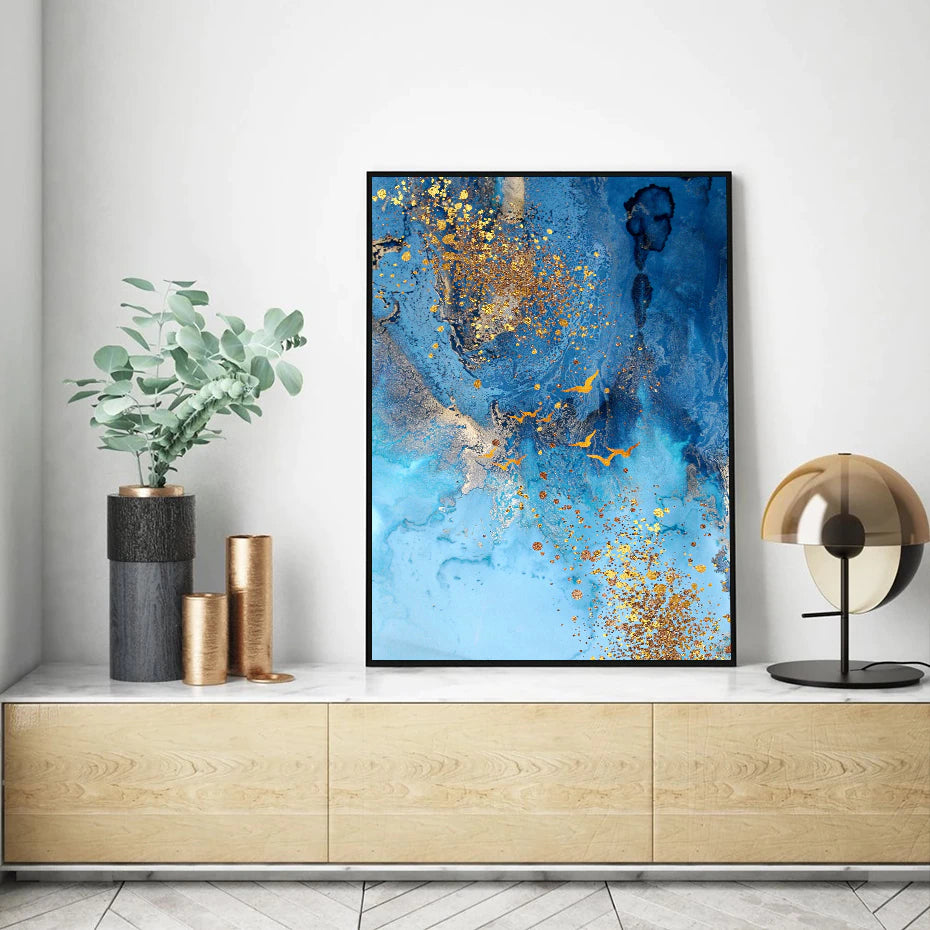 Deep Blue Marble Golden Sea Scandinavian Wall Art Fine Art Canvas Prints Contemporary Picture For Living Room Bedroom Nordic Style Home Decor