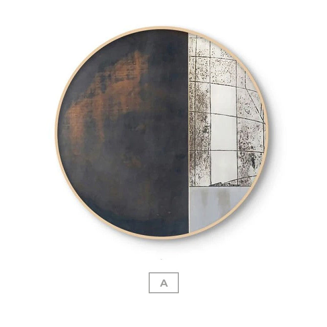 Dark Rustic Industrial Style Round Format Wall Art Fine Art Canvas Prints Neutral Colors Abstract Pictures For Contemporary Urban Loft Home Office Interior Decor