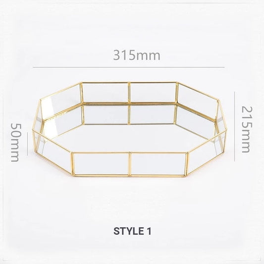 Exquisite Style Gold &amp; Glass Nordic Storage Trays Retro Art Deco Themed Brass Makeup Storage Golden Geometric Glass Trays