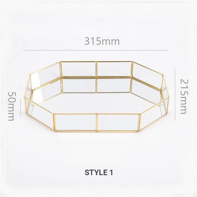 Exquisite Style Gold &amp; Glass Nordic Storage Trays Retro Art Deco Themed Brass Makeup Storage Golden Geometric Glass Trays