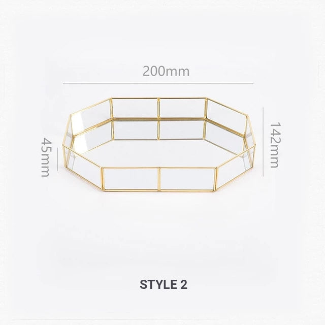 Exquisite Style Gold &amp; Glass Nordic Storage Trays Retro Art Deco Themed Brass Makeup Storage Golden Geometric Glass Trays