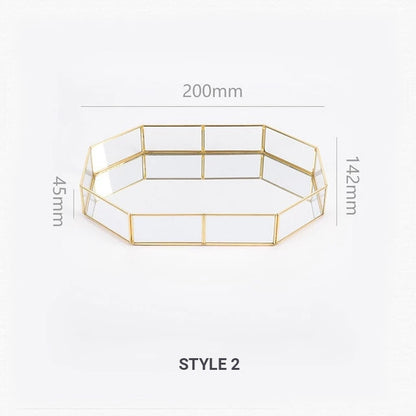 Exquisite Style Gold &amp; Glass Nordic Storage Trays Retro Art Deco Themed Brass Makeup Storage Golden Geometric Glass Trays