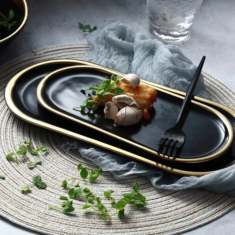 Fashionable Gold Plated Ceramic Marble Storage Trays For Kitchen Serving Dishes For Desserts Snacks Modern Kitchen Tableware