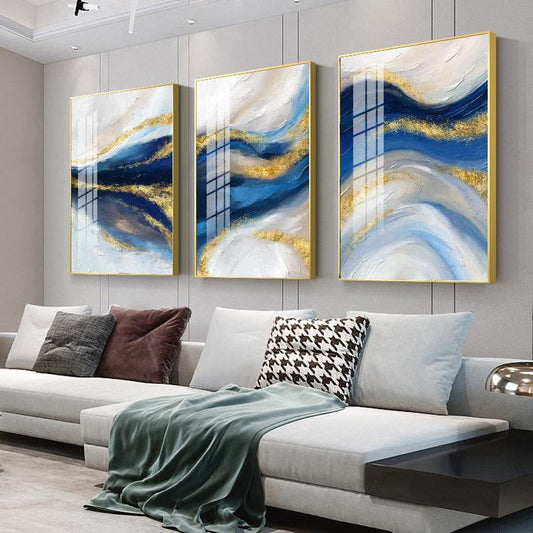 Flowing River Shades Of Blue Golden Wall Art Abstract Fine Art Canvas Prints Minimalist Pictures For Living Room Bedroom Home Office Interior Decor