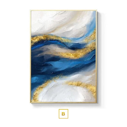 Flowing River Shades Of Blue Golden Wall Art Abstract Fine Art Canvas Prints Minimalist Pictures For Living Room Bedroom Home Office Interior Decor