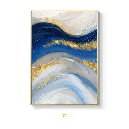 Flowing River Shades Of Blue Golden Wall Art Abstract Fine Art Canvas Prints Minimalist Pictures For Living Room Bedroom Home Office Interior Decor
