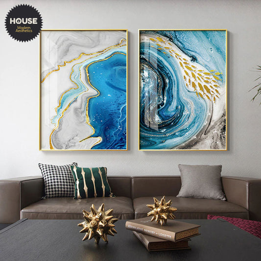 Golden Fishes Blue Sea Flowing Wall Art Fine Art Canvas Prints Modern Abstract Auspicious Pictures For Living Room Dining Room Home Office Decor