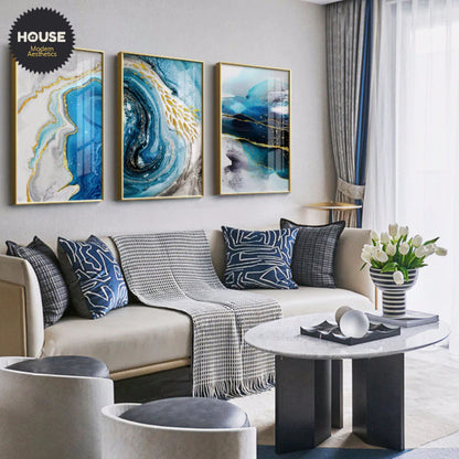 Golden Fishes Blue Sea Flowing Wall Art Fine Art Canvas Prints Modern Abstract Auspicious Pictures For Living Room Dining Room Home Office Decor