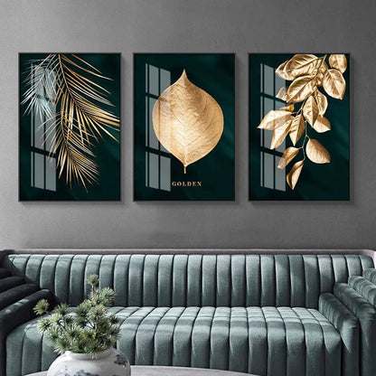 Golden Leaves Wall Art Minimalist Abstract Botanical Fine Art Canvas Prints Modern Pictures For Living Room Dining Room Hotel Home Office Interior Decor