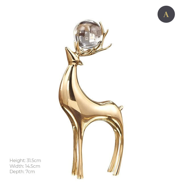 Auspicious Golden Deer Statuette Crystal Ball Embellished Copper Casting Metal Crafts Ornamental Figurine For Luxury Living Room Home Decor