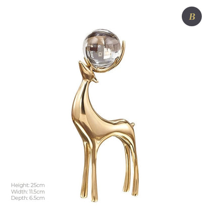 Auspicious Golden Deer Statuette Crystal Ball Embellished Copper Casting Metal Crafts Ornamental Figurine For Luxury Living Room Home Decor
