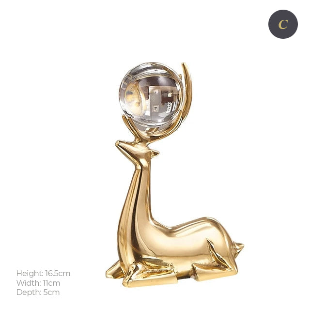 Auspicious Golden Deer Statuette Crystal Ball Embellished Copper Casting Metal Crafts Ornamental Figurine For Luxury Living Room Home Decor