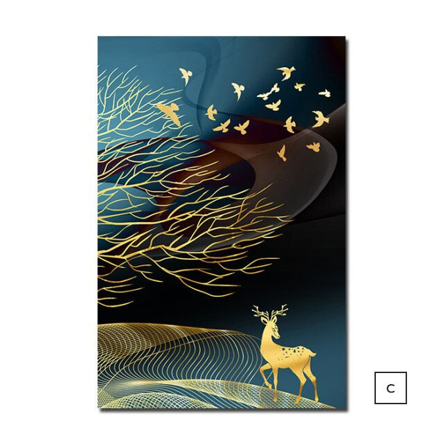 Golden Deer In The Moonlit Forest Auspicious Wall Art Fine Art Canvas Prints Modern Abstract Landscape Pictures For Luxury Living Room Dining Room Art Decor