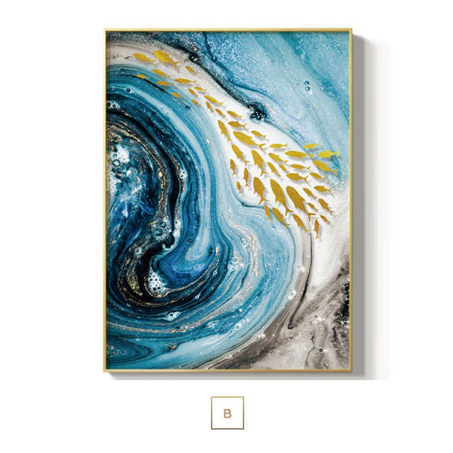 Golden Fishes Blue Sea Flowing Wall Art Fine Art Canvas Prints Modern Abstract Auspicious Pictures For Living Room Dining Room Home Office Decor
