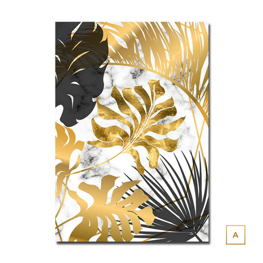 Golden Leaves On Marble Background Fine Art Canvas Prints Tropical Botanical Nordic Style Modern Luxury Lifestyle Wall Art For Living Room Dining Room Home Decor