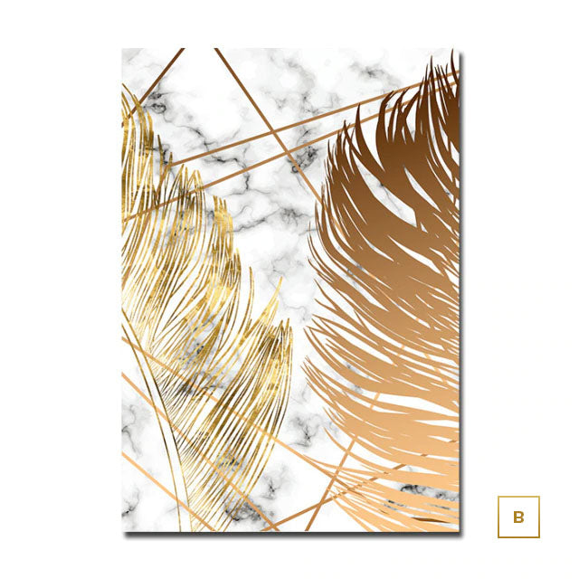 Golden Leaves On Marble Background Fine Art Canvas Prints Tropical Botanical Nordic Style Modern Luxury Lifestyle Wall Art For Living Room Dining Room Home Decor
