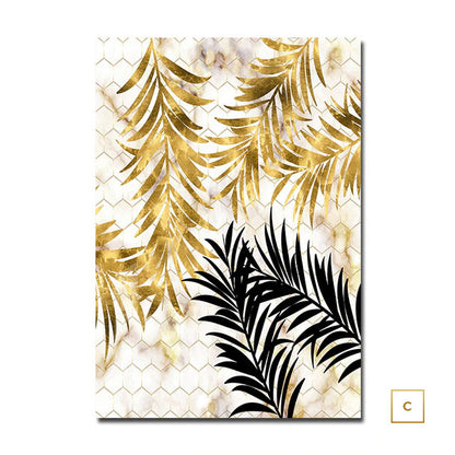 Golden Leaves On Marble Background Fine Art Canvas Prints Tropical Botanical Nordic Style Modern Luxury Lifestyle Wall Art For Living Room Dining Room Home Decor