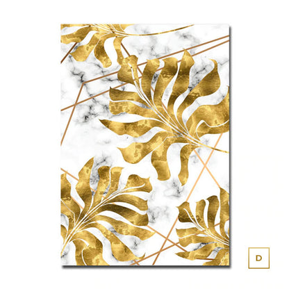 Golden Leaves On Marble Background Fine Art Canvas Prints Tropical Botanical Nordic Style Modern Luxury Lifestyle Wall Art For Living Room Dining Room Home Decor