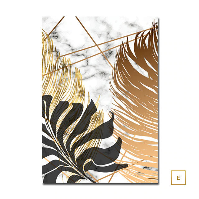 Golden Leaves On Marble Background Fine Art Canvas Prints Tropical Botanical Nordic Style Modern Luxury Lifestyle Wall Art For Living Room Dining Room Home Decor