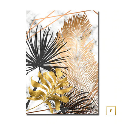 Golden Leaves On Marble Background Fine Art Canvas Prints Tropical Botanical Nordic Style Modern Luxury Lifestyle Wall Art For Living Room Dining Room Home Decor