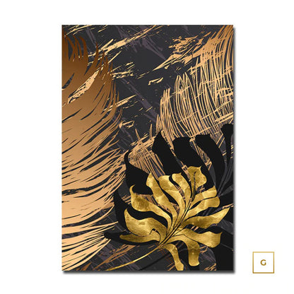 Golden Leaves On Marble Background Fine Art Canvas Prints Tropical Botanical Nordic Style Modern Luxury Lifestyle Wall Art For Living Room Dining Room Home Decor