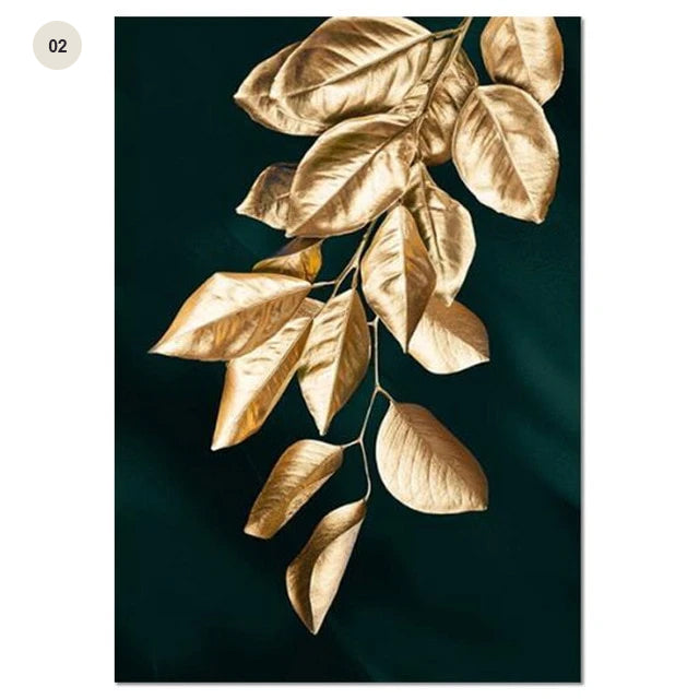 Golden Leaves Wall Art Minimalist Abstract Botanical Fine Art Canvas Prints Modern Pictures For Living Room Dining Room Hotel Home Office Interior Decor