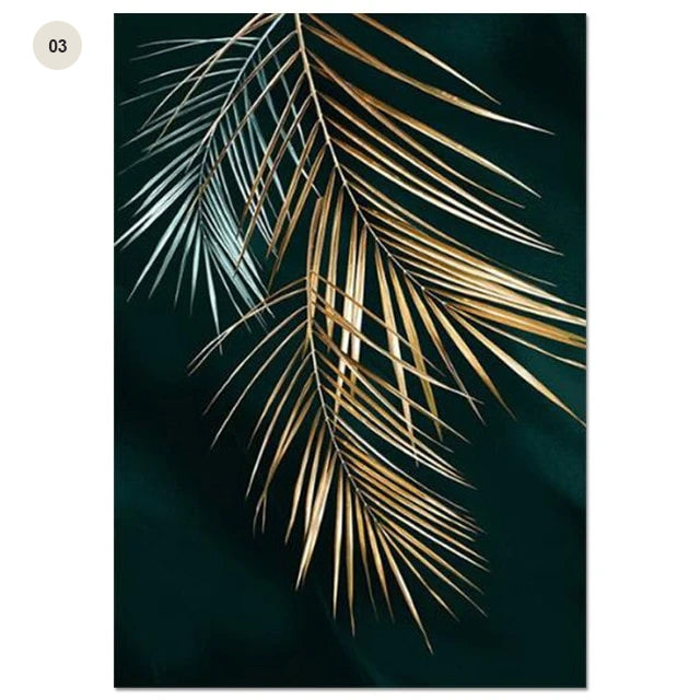 Golden Leaves Wall Art Minimalist Abstract Botanical Fine Art Canvas Prints Modern Pictures For Living Room Dining Room Hotel Home Office Interior Decor