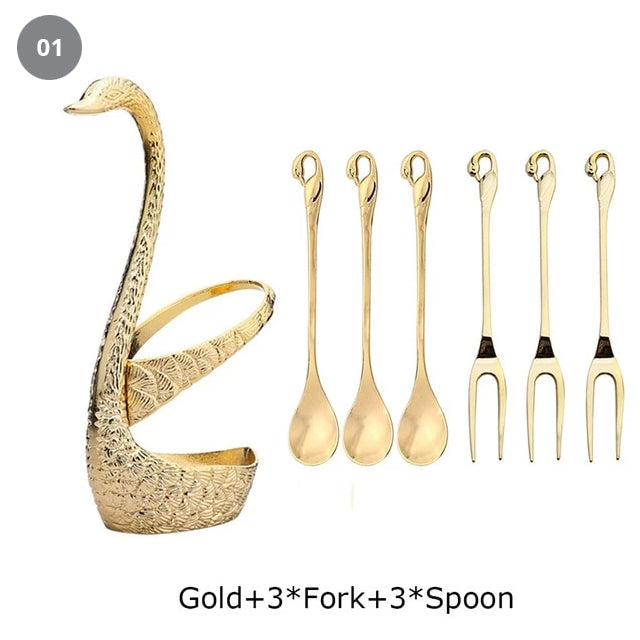Golden Swan Salad Serving Set Gold Silver Or Bronze Swan Base Holder With 7 Pcs Set Stainless Steel Salad Forks Coffee Dessert Spoons