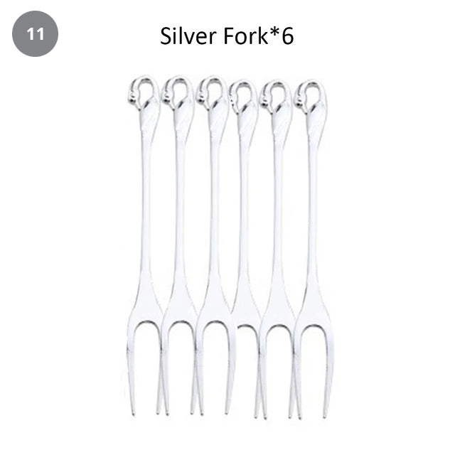 Golden Swan Salad Serving Set Gold Silver Or Bronze Swan Base Holder With 7 Pcs Set Stainless Steel Salad Forks Coffee Dessert Spoons