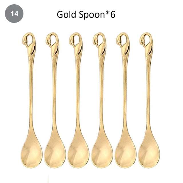 Golden Swan Salad Serving Set Gold Silver Or Bronze Swan Base Holder With 7 Pcs Set Stainless Steel Salad Forks Coffee Dessert Spoons