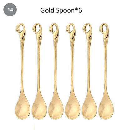 Golden Swan Salad Serving Set Gold Silver Or Bronze Swan Base Holder With 7 Pcs Set Stainless Steel Salad Forks Coffee Dessert Spoons