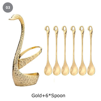 Golden Swan Salad Serving Set Gold Silver Or Bronze Swan Base Holder With 7 Pcs Set Stainless Steel Salad Forks Coffee Dessert Spoons