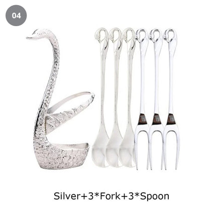 Golden Swan Salad Serving Set Gold Silver Or Bronze Swan Base Holder With 7 Pcs Set Stainless Steel Salad Forks Coffee Dessert Spoons