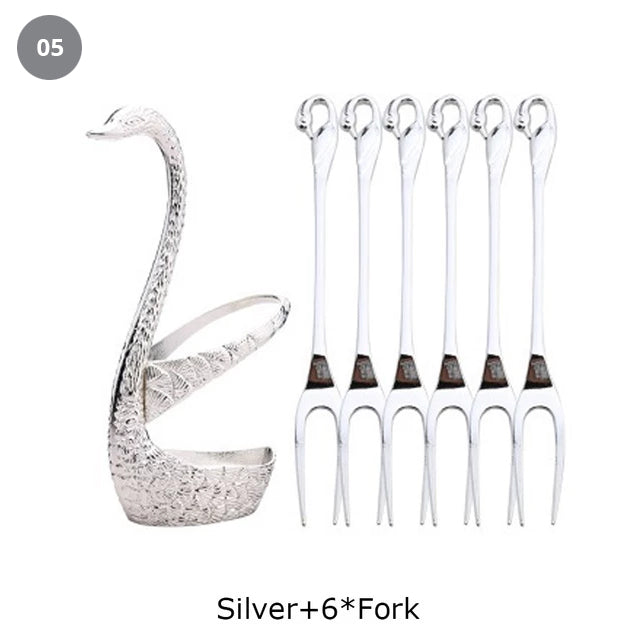 Golden Swan Salad Serving Set Gold Silver Or Bronze Swan Base Holder With 7 Pcs Set Stainless Steel Salad Forks Coffee Dessert Spoons