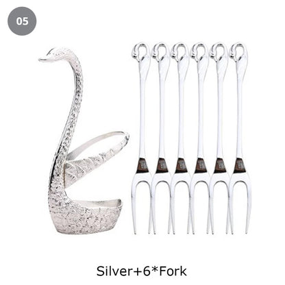 Golden Swan Salad Serving Set Gold Silver Or Bronze Swan Base Holder With 7 Pcs Set Stainless Steel Salad Forks Coffee Dessert Spoons