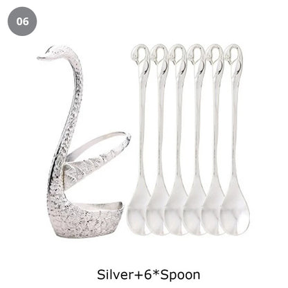 Golden Swan Salad Serving Set Gold Silver Or Bronze Swan Base Holder With 7 Pcs Set Stainless Steel Salad Forks Coffee Dessert Spoons