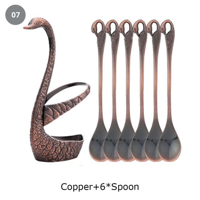 Golden Swan Salad Serving Set Gold Silver Or Bronze Swan Base Holder With 7 Pcs Set Stainless Steel Salad Forks Coffee Dessert Spoons