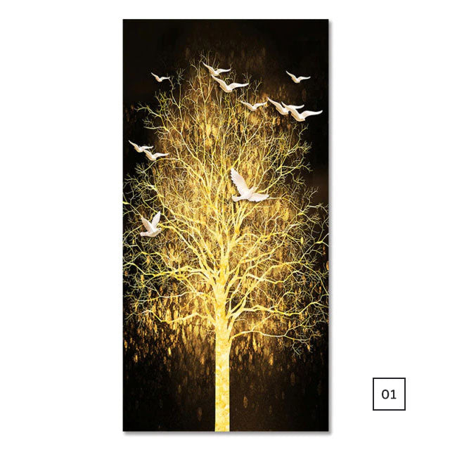 Golden Tree Birds In The Moonlight Auspicious Wall Art Fine Art Canvas Prints Vertical Format Pictures For Hallway Living Room Dining Room Home Office Decor