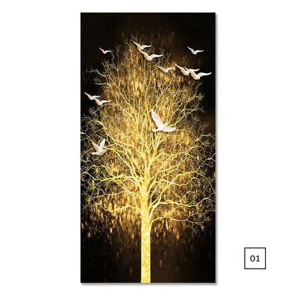 Golden Tree Birds In The Moonlight Auspicious Wall Art Fine Art Canvas Prints Vertical Format Pictures For Hallway Living Room Dining Room Home Office Decor