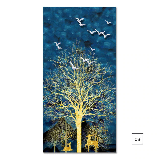 Golden Tree Birds In The Moonlight Auspicious Wall Art Fine Art Canvas Prints Vertical Format Pictures For Hallway Living Room Dining Room Home Office Decor