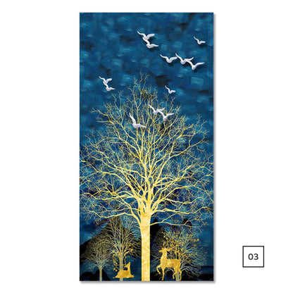 Golden Tree Birds In The Moonlight Auspicious Wall Art Fine Art Canvas Prints Vertical Format Pictures For Hallway Living Room Dining Room Home Office Decor